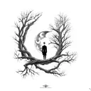 forest with dark himan figure looking at moon holding a wand by his side tattoo design idea
