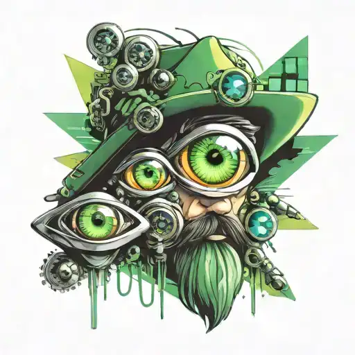 A surreal design featuring Luigi's eyes as the focal point, surrounded by futuristic tech elements tattoo design idea