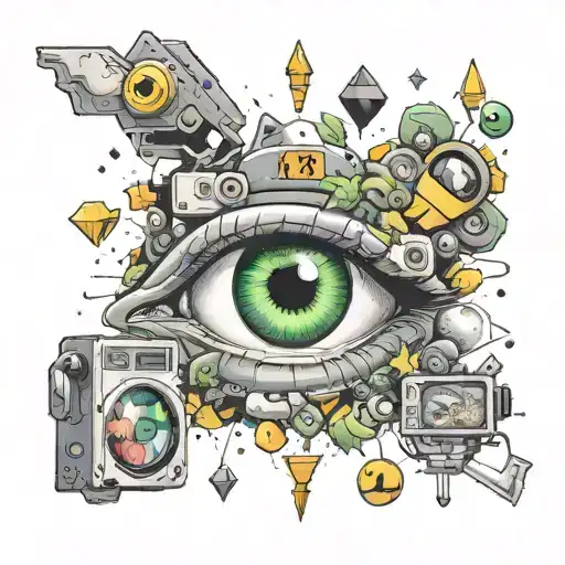 A surreal tattoo of Luigi's eyes surrounded by classic video game icons, paying homage to his favorite things tattoo design idea