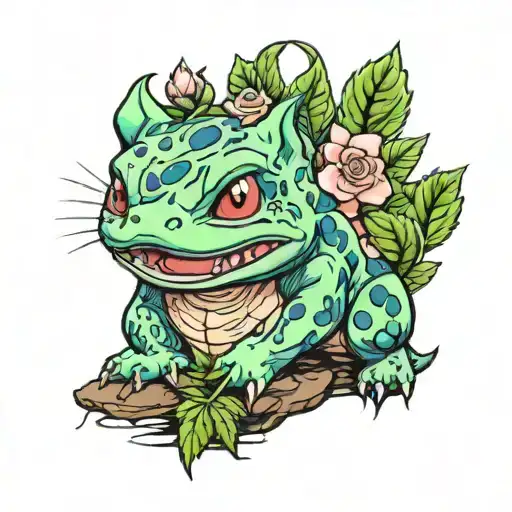 bulbasaur mixed with Cannabis buds tattoo design idea