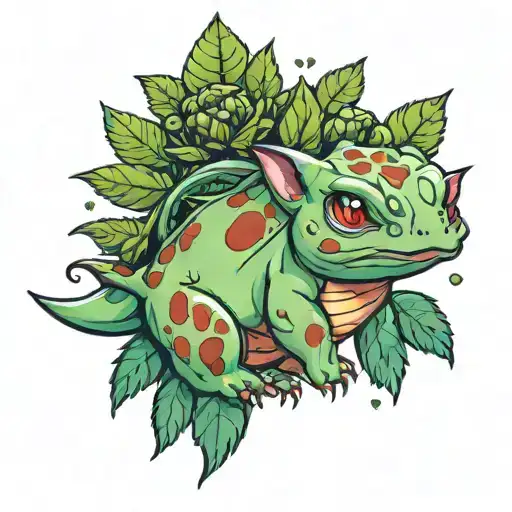 bulbasaur mixed with Cannabis buds tattoo design idea