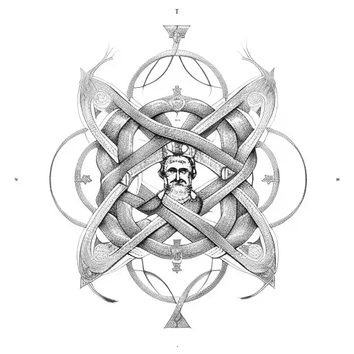 An intricate design of a cross intertwined with a stoic philosopher's face, representing the harmony between faith and philosophy. tattoo design idea