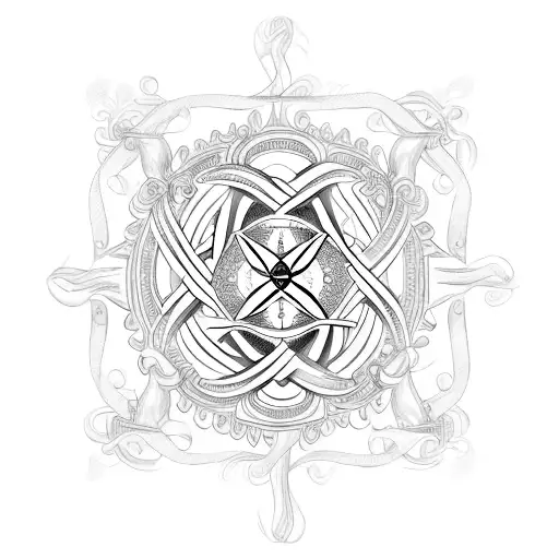 An intricate design of a cross intertwined with a stoic philosopher's face, representing the harmony between faith and philosophy. tattoo design idea