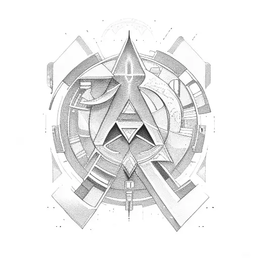 Create a tattoo-style image featuring a spaceship based on the letter 'R' and a moon based on the letter 'D.' The design tattoo design idea