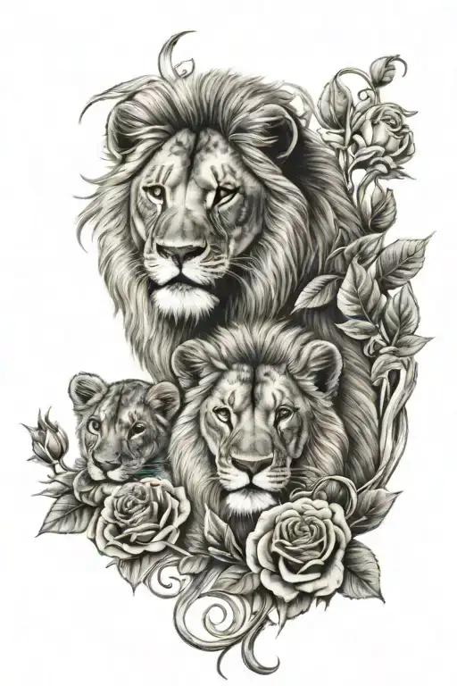 lion with 3 cubs intertwined with roses tattoo design idea