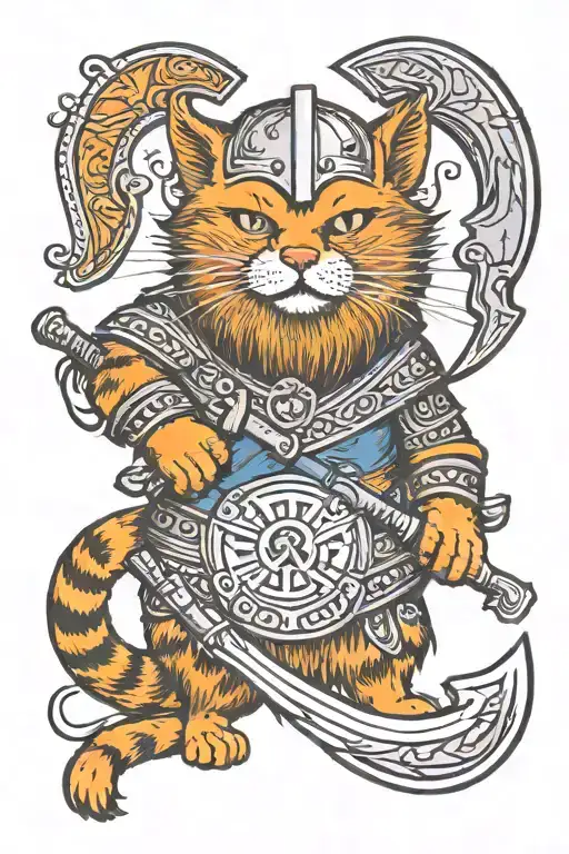 orange cat dressed as a Viking warrior holding an axe tattoo design idea