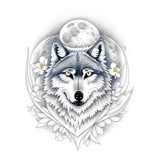 moon and wolf and flowers tattoo design idea