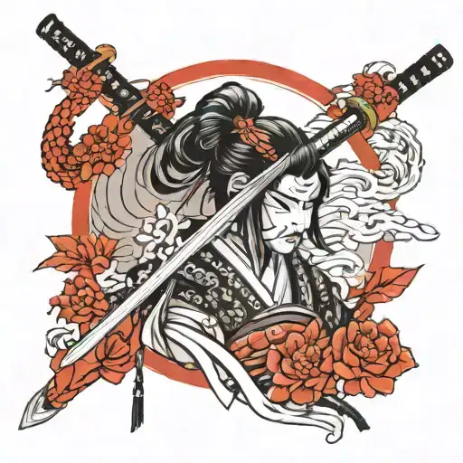 I want a tattoo in the style of realism, a samurai girl in a mask with a katana, I want the design in black and red. tattoo design idea