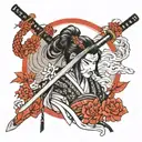 I want a tattoo in the style of realism, a samurai girl in a mask with a katana, I want the design in black and red. tattoo design idea