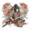 I want a tattoo in the style of realism, a samurai girl in a mask with a katana, I want the design in black and red. tattoo design idea