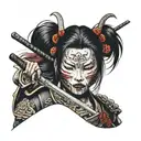 samurai girl in a mask with katana  armor tattoo design idea