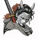 samurai girl in a mask with katana  armor tattoo design idea