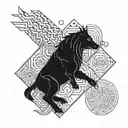 A geometric design incorporating elements of Norse mythology and Japanese culture tattoo design idea