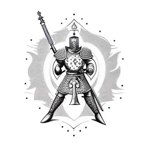 A dotwork tattoo of a Templar knight with a hammer symbolizing strength and power tattoo design idea