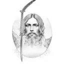 A dotwork portrait of a famous historical figure holding a sword and a cross tattoo design idea