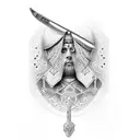 A dotwork portrait of a famous historical figure holding a sword and a cross tattoo design idea