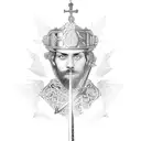 A dotwork portrait of a famous historical figure holding a sword and a cross tattoo design idea