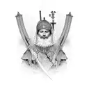 A dotwork portrait of a famous historical figure holding a sword and a cross tattoo design idea