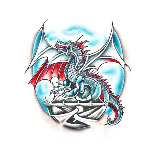 A fierce dragon perched atop the Iron Throne tattoo design idea