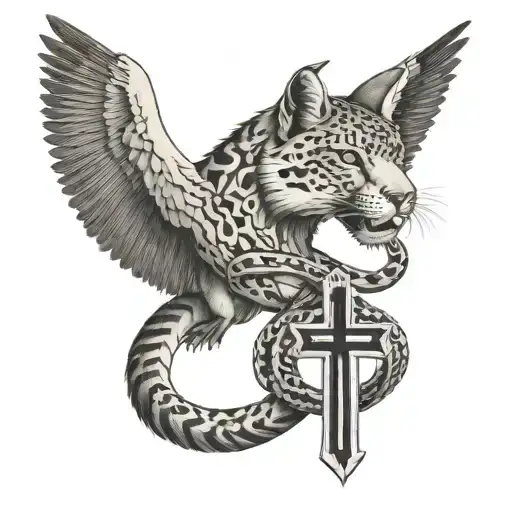 a puma a snake and a condor surrounding an andean cross tattoo design idea