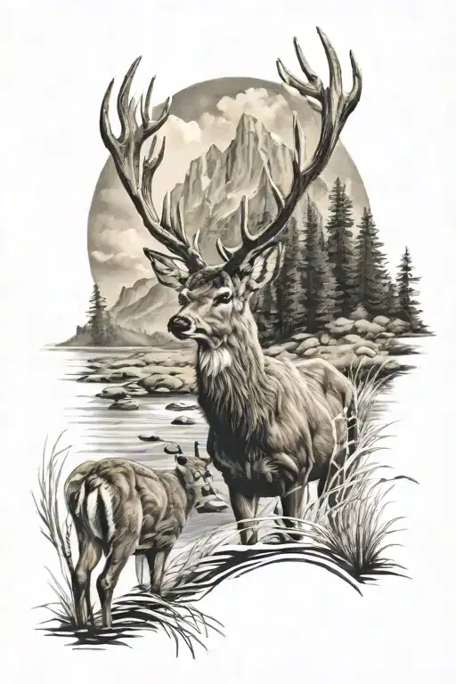 deer pheseant mountain stream sun field tattoo design idea