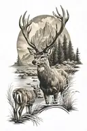 deer pheseant mountain stream sun field tattoo design idea