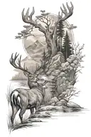 deer pheseant mountain stream sun field tattoo design idea