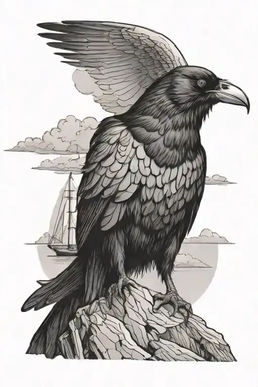 chough (British bird), on top of a mountain, which is adjacent to a sailing boat tattoo design idea