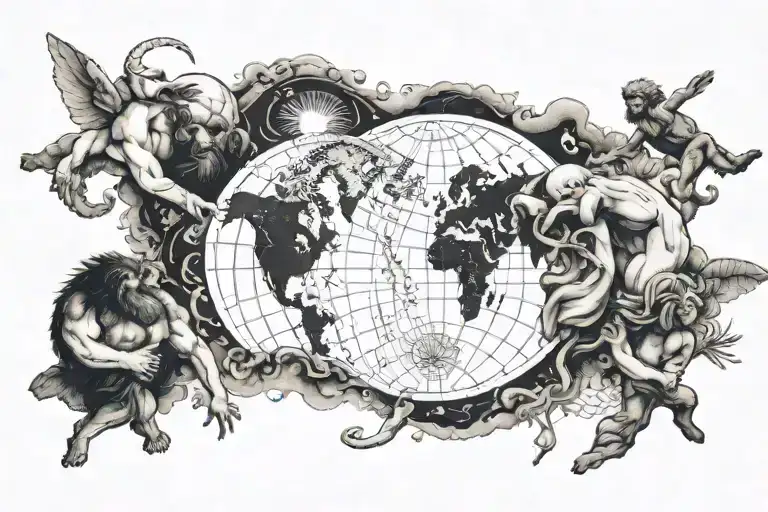 creation of adam mixed with science, greek elements and big world map tattoo design idea