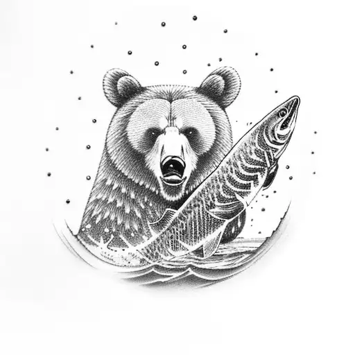 A majestic bear catching a salmon in a river tattoo design idea