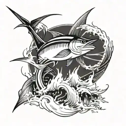 marlin with fish boat sailing across the waves crashing tattoo design idea