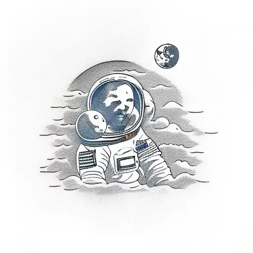 side profile of an astronaut leaning over to hand a child with outstretched arms a Moon balloon  tattoo design idea