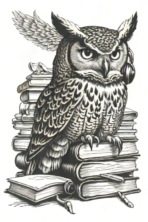 Great horned owl wearing headphones on top of books tattoo design idea