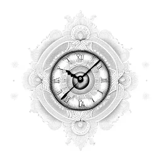 An intricate blackwork tattoo of a clock showing the months November and January, with chrysanthemum and carnation motifs tattoo design idea