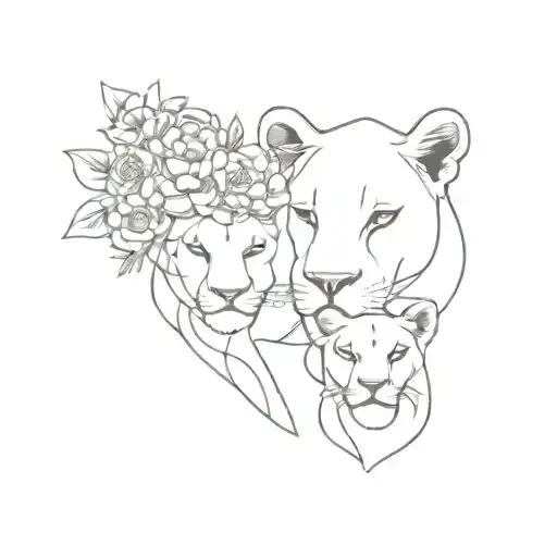 lioness crown and cub and flowers around tattoo design idea