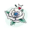 mary poppins with a poppy flower and a heart rythm line tattoo design idea