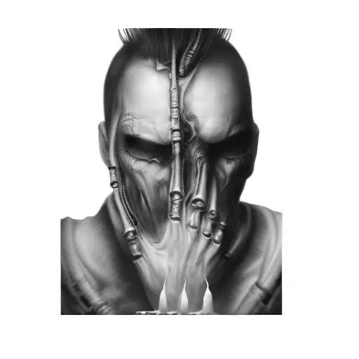 dark biomech coils and many small skulls forming around the uploaded photo to fill all the space tattoo design idea