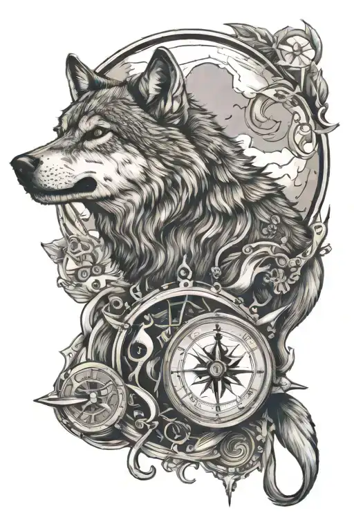 A wolf howling at the moon with a compass and musical instruments scattered around it tattoo design idea