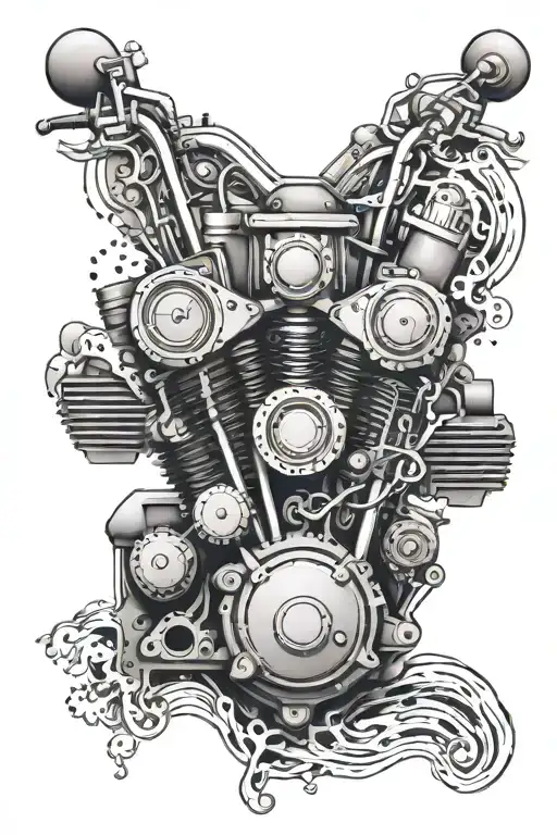 A motorcycle engine with mountain scenery and musical notes flowing out of the exhaust pipes tattoo design idea
