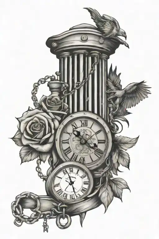 prison bars , chains , rose ,death date , clock, birds, knives ,  tattoo design idea