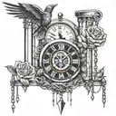 prison bars , chains , rose ,death date , clock, birds ,  tattoo design idea