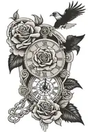prison bars , chains , rose ,death date , clock, birds, Native American tribal tattoo design idea