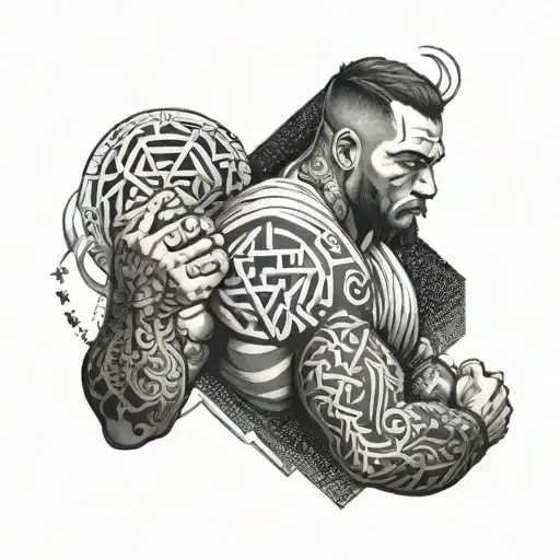 A tattoo design featuring a BJJ fighter incorporating crypto symbols tattoo design idea