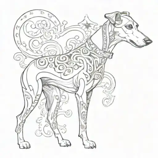 A tattoo design inspired by the client's favorite things: a Greyhound with symbols of Ireland, 1996, Poland, and Germany tattoo design idea