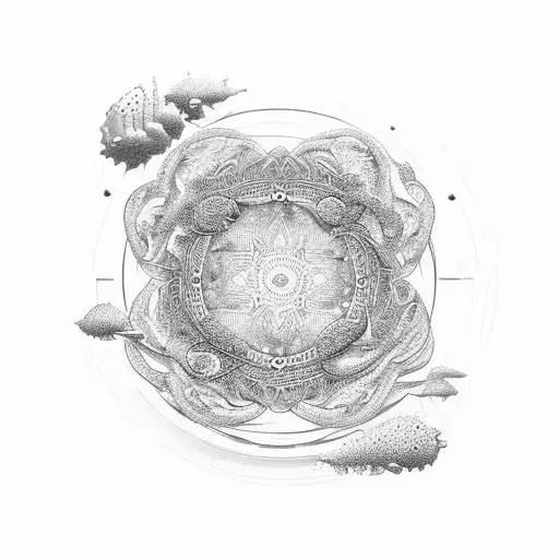An intricate mandala design incorporating elements of the ocean and mountains, representing the balance between land and sea tattoo design idea