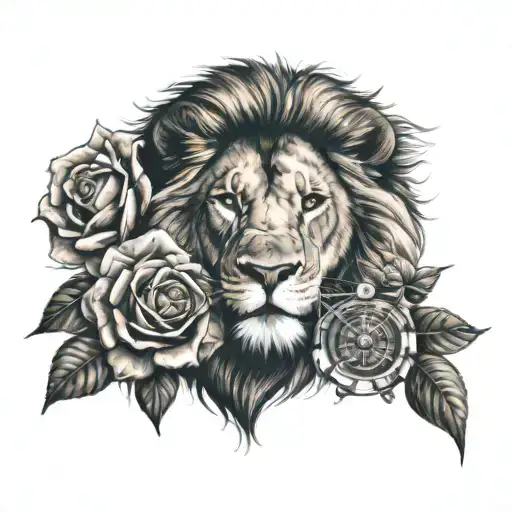 lion with roses and compass surrounded tattoo design idea