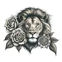 lion with roses and compass surrounded tattoo design idea