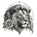 lion with roses and compass surrounded tattoo design idea