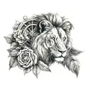 lion with roses and compass surrounded tattoo design idea
