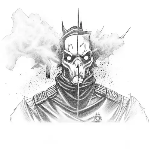 soldier walking through warzone. demon in smoke from burning building tattoo design idea